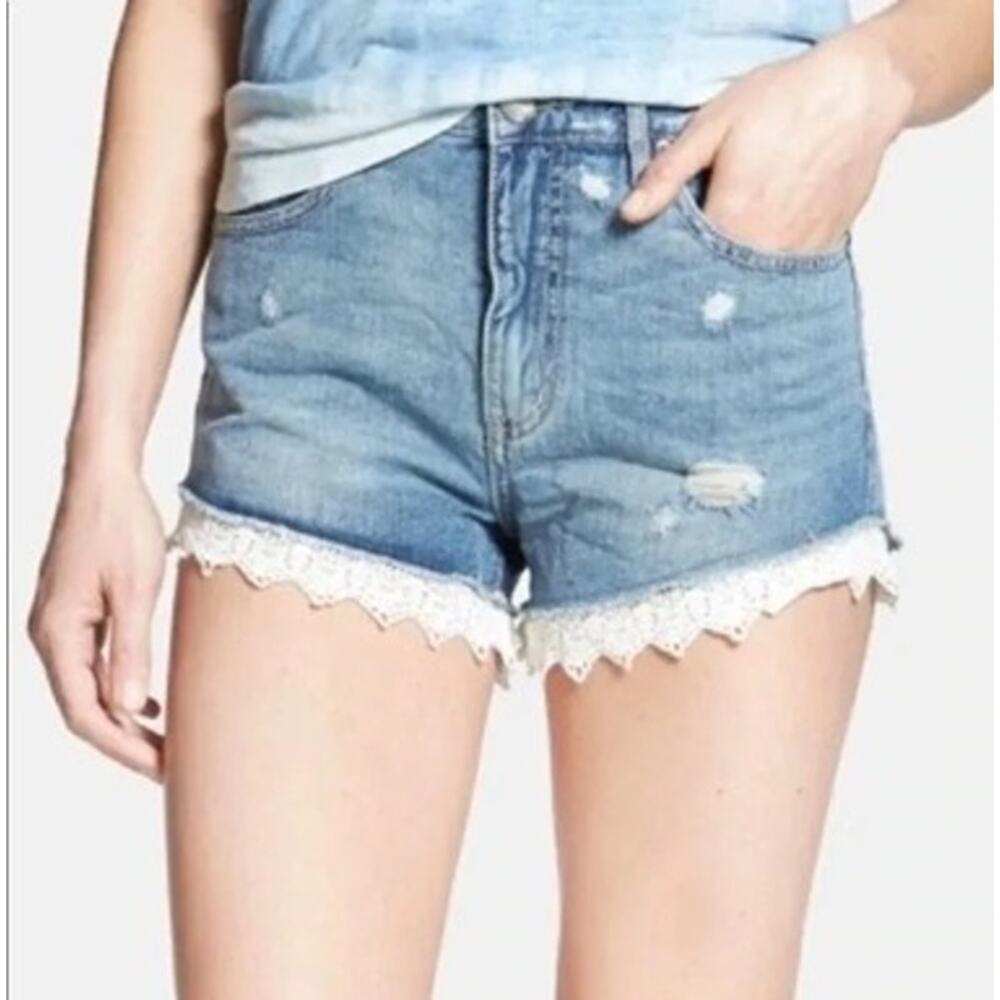 Free People Lace Trim Distressed Denim Shorts Womens 24 Boho Festival